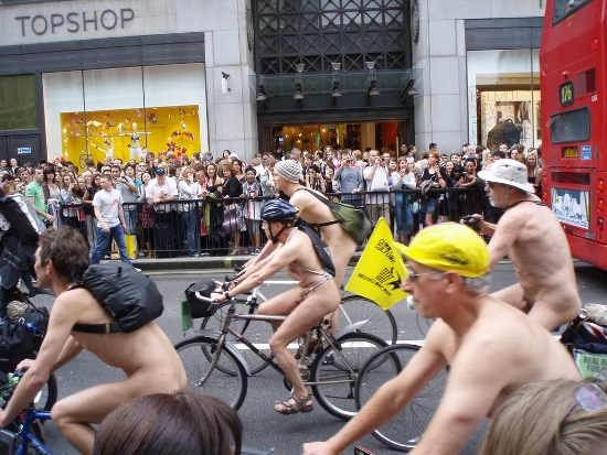 Naked cyclists participating in the World Naked Bike Ride in  London